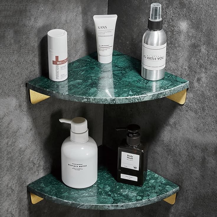 D' Corner emerald green marble shelf with gold brass brackets