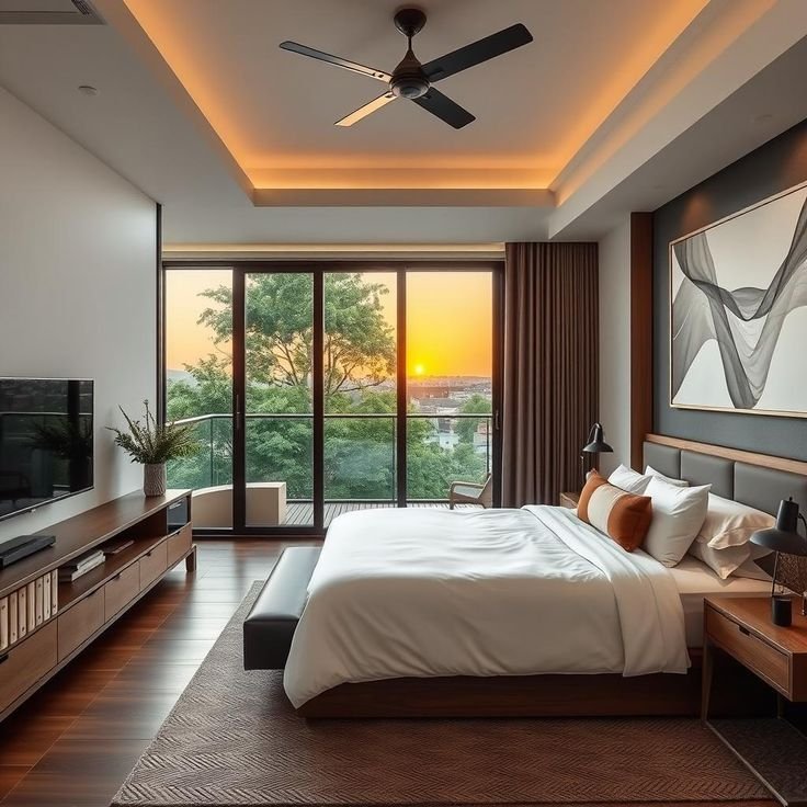 Bedroom interior with attached balcony