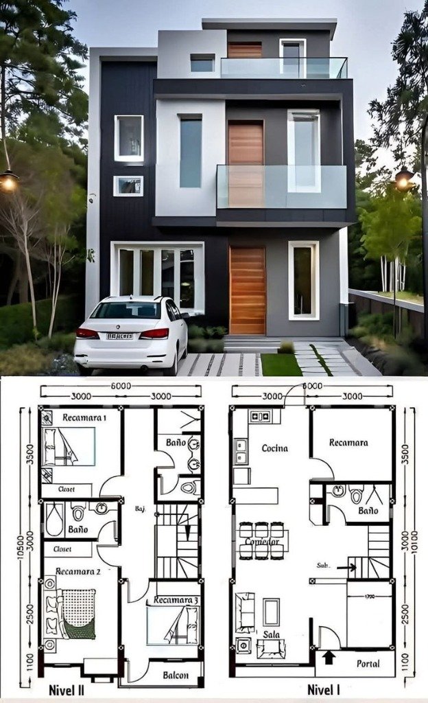 Modern 3-storey residence with ground floor and first floor plan
