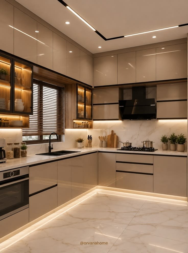 Contemporary L-shaped kitchen with magnetic track lighting and glass cabinets