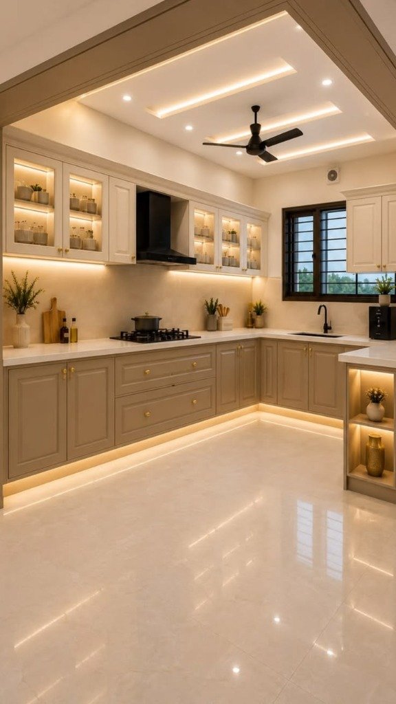 Neo-classical modular kitchen with shaker cabinets and tray ceiling