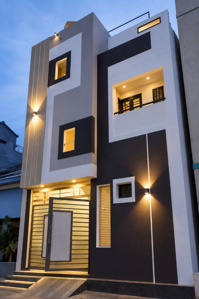 Corner residence night elevation with lighting in Vaniyambadi