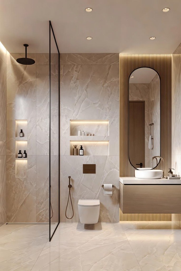 Luxury beige marble bathroom with LED niches and fluted panel