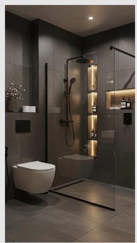 Dark charcoal modern luxury bathroom with LED niches